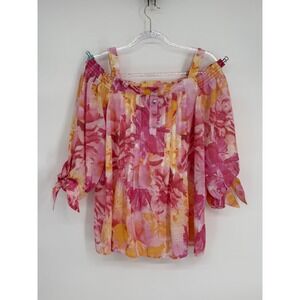 Juniper + Lime Womens Pink Floral Cold Shoulder Pintuck Blouse 3/4 Sleeve Sz L